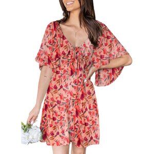 Womens Dress Orange Spring Summer Deep V Neck Elegant Bow tie Mini Dress